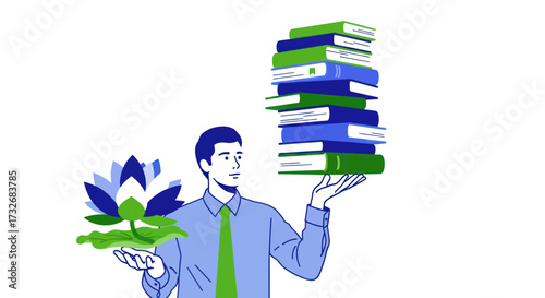 A man in a tie balances a stack of books and a lotus flower.