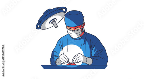 Illustration of a surgeon in blue scrubs performing surgery.