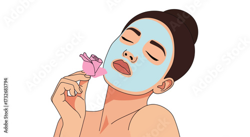 Illustration of a serene woman applying a cosmetic facial mask.