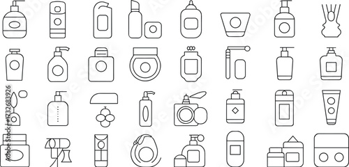 Cosmetic packaging icons, personal care containers, lotion bottles, spray jars, shampoo tubes, black white line set, minimalist vector design