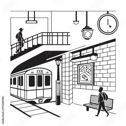 Isolated on white background, a detailed black and white illustration depicts a subway station scene with a train, passengers, and architectural elements, capturing urban transit