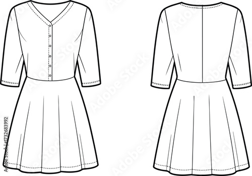 Technical fashion flat, women dress front and back view, vector illustration, apparel design template, V‑neckline, button placket, pleated skirt, cuff sleeves
