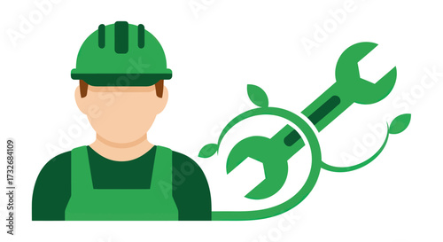 Green industry worker with an eco friendly repair tool icon.