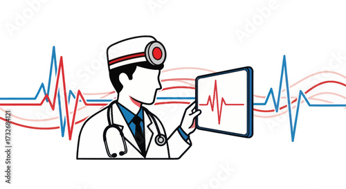 Doctor analyzing a digital electrocardiogram on a tablet screen.