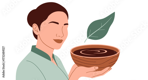 Woman holding a wooden bowl of natural herbal paste for beauty treatment.