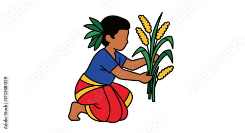 Colorful illustration of a tribal woman harvesting a corn crop.