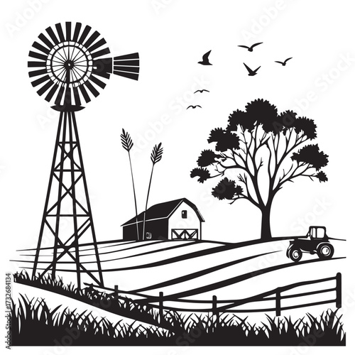 A serene rural landscape with a windmill, barn, tractor, and birds in flight, capturing the essence of countryside life, isolated on white background, a nostalgic and peaceful scene