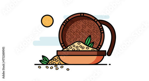 A stylized illustration of a wooden container spilling grains into a bowl.