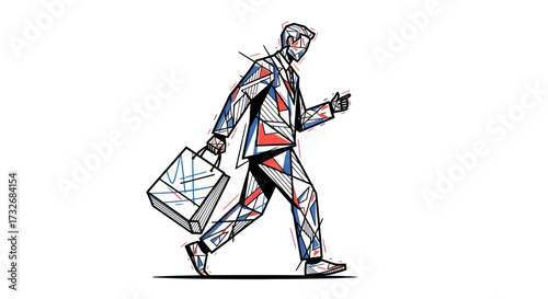 Stylized illustration of a man in a colorful geometric suit shopping.