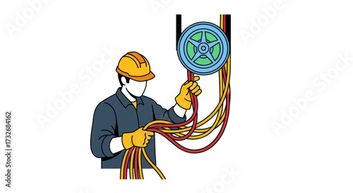Skilled Electrician in Hard Hat Handling Electrical Wires.