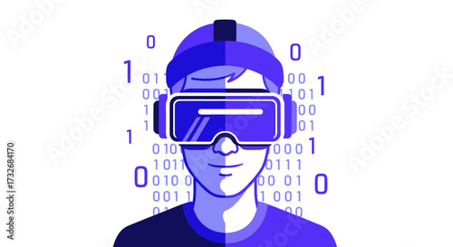 Man wearing virtual reality headset with binary code background.