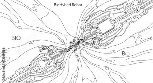 Abstract Line Art Illustration of Bio-Hybrid Robot Technology, Merging Organic and Mechanical Components