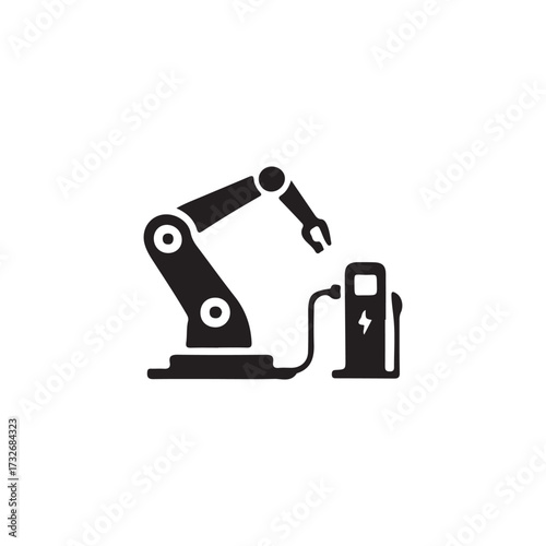 Robotic Arm Charging: A sleek black illustration showcases a robotic arm connected to a charging station, representing automation, technological advancement, and the future of power