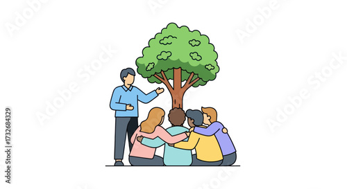 Teacher explaining environmental concepts to a group under a tree.