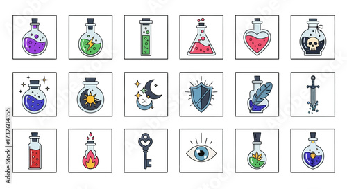 Collection of fantasy potion bottles and magical items for games.