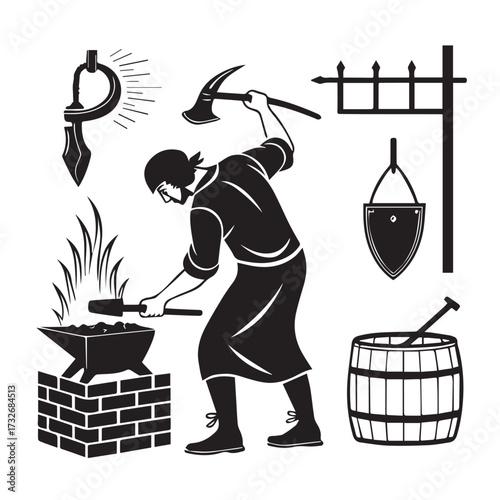 Blacksmith at work a detailed silhouette illustration of a blacksmith forging metal with hammer and anvil, surrounded by tools, a barrel, and a sign, isolated on white background