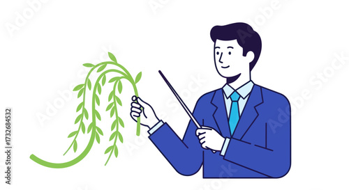 Professor in a suit explaining botany with a willow branch.