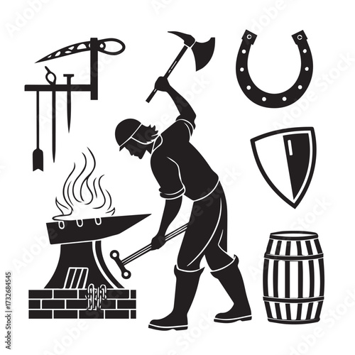 Blacksmithing scene a silhouette illustration of a blacksmith forging metal with hammer and anvil, surrounded by tools, a barrel, horseshoe, and shield, isolated on white background