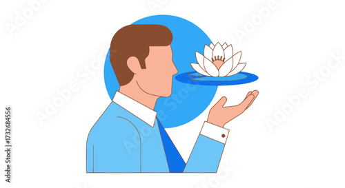 Businessman Finding Inner Peace with a Lotus Flower.