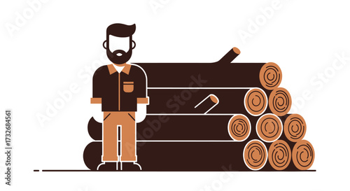 Cartoon lumberjack character standing beside a large stack of wood logs.