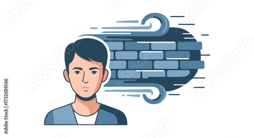 Young man with a brick wall symbolizing resilience and strength.