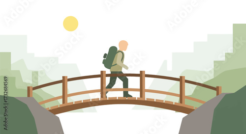 Solo adventurer with a backpack crossing a rustic wooden bridge.