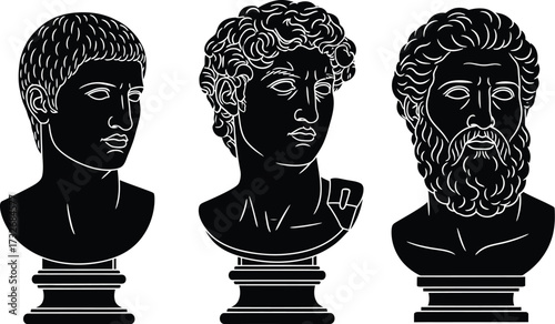 Classical bust, ancient Greek, Roman sculptures vector illustration silhouettes.