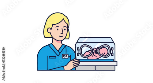 Caring female nurse watching over a newborn in an incubator.