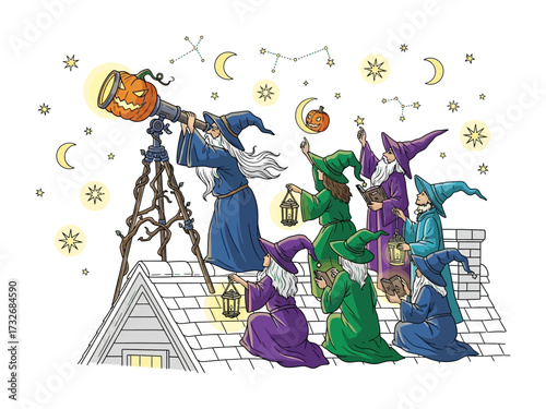 Whimsical Witches Gazing at the Night Sky: A charming scene of a group of wizards observing the cosmos through a jack-o'-lantern telescope, with stars and crescent moons decorating the heavens.