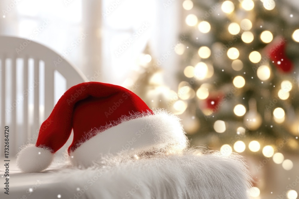 Fototapeta premium Cozy holiday scene with santa hat on knit blanket amid warm christmas lights