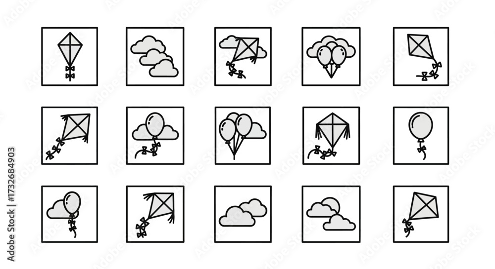 Fototapeta premium Collection of kites, clouds, and balloons, various designs, outlined icons.