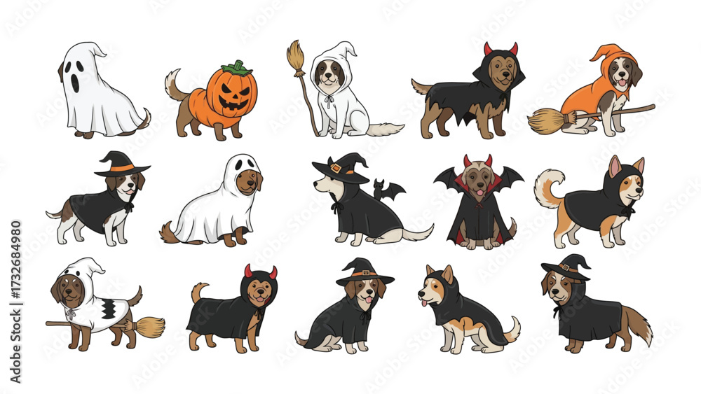 Obraz premium Halloween Dogs in Costume: An enchanting group of adorable dogs, each adorned in a unique Halloween costume, creating a festive and playful atmosphere with their captivating presence.