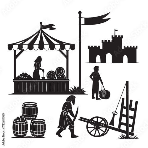 A bustling medieval market scene isolated on white background, featuring vendors, a castle, and various market elements, capturing the essence of a historical marketplace