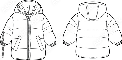Technical fashion flat, hooded winter jacket front and back view, vector illustration, apparel design template, quilted sections, zipper closure, ribbed cuffs, pockets