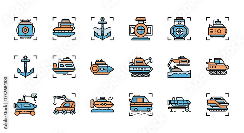 Collection of marine and industrial vehicle icons.