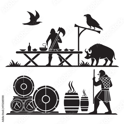 Silhouette of a viking feast scene with warriors, shields, and a wild boar, isolated on white background, depicting norse culture and mythology in a stark, graphic style