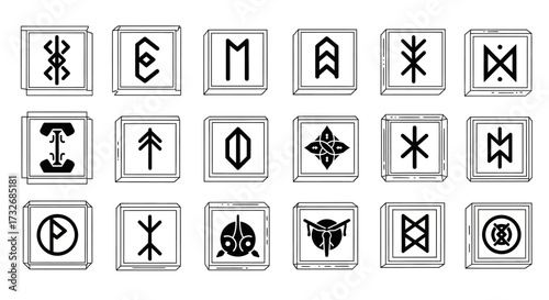 Collection of Norse Runes and Symbols in Square Frames.