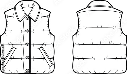Technical fashion flat, sleeveless padded vest front and back view, vector illustration, apparel design template, quilted stitching, button closure, welt pockets, collar