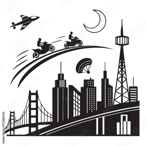 Urban cityscape isolated on white background featuring a bridge, buildings, a tower, motorcycles, an airplane, a parachute, and a crescent moon, symbolizing adventure and modernity