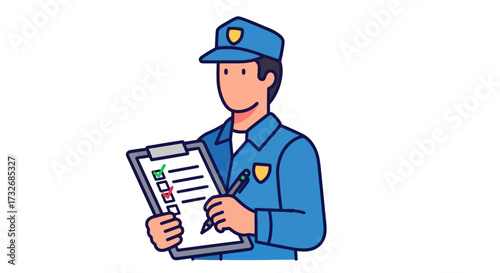 Cartoon police officer in uniform writing on a clipboard.