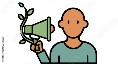Person holding a green megaphone with a plant vine.