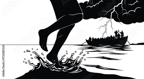 Jesus feet walking on water miracle during a storm and tempest vector illustration 