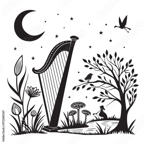 A serene black and white illustration isolated on white background depicts a harp under a crescent moon, surrounded by stars, a bird, and a silhouette of a dog by a pond, creating a whimsical scene