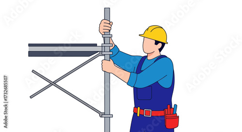 Construction worker in a yellow hard hat assembling metal scaffolding.