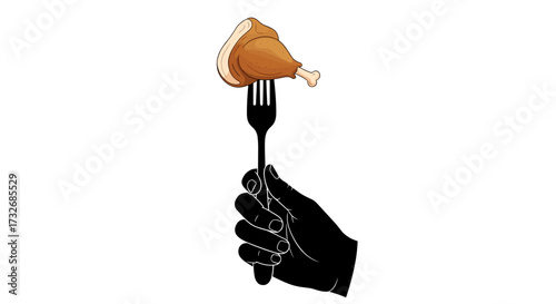 Piece of roasted turkey on a fork held by a hand, food illustration, minimalist style, copy space