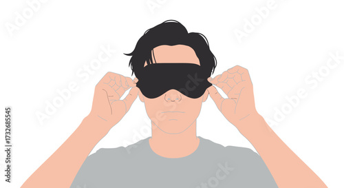 Person in gray shirt wearing a dark sleep mask