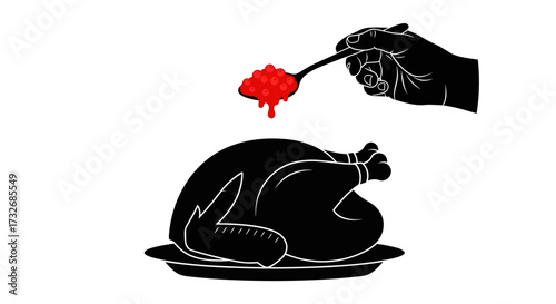 Spoonful of cranberry sauce above roasted turkey on a plate, food illustration, minimalist style, copy space