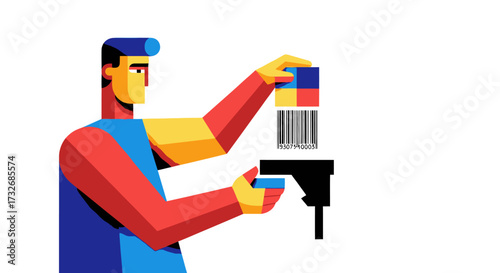 Geometric figure scanning a colorful square with a barcode