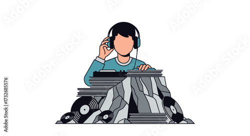 Young man with headphones listening to his vinyl record collection.