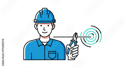 Cartoon tradesman with pliers near circular target